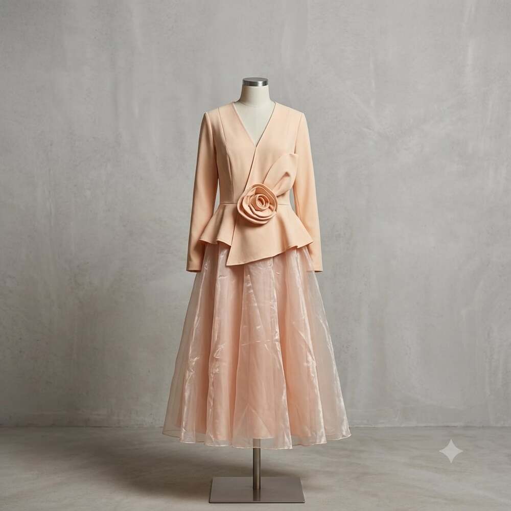 Women Elegant V-Neck Long Sleeve 3D Flower  Midi Dress Size 2XL
